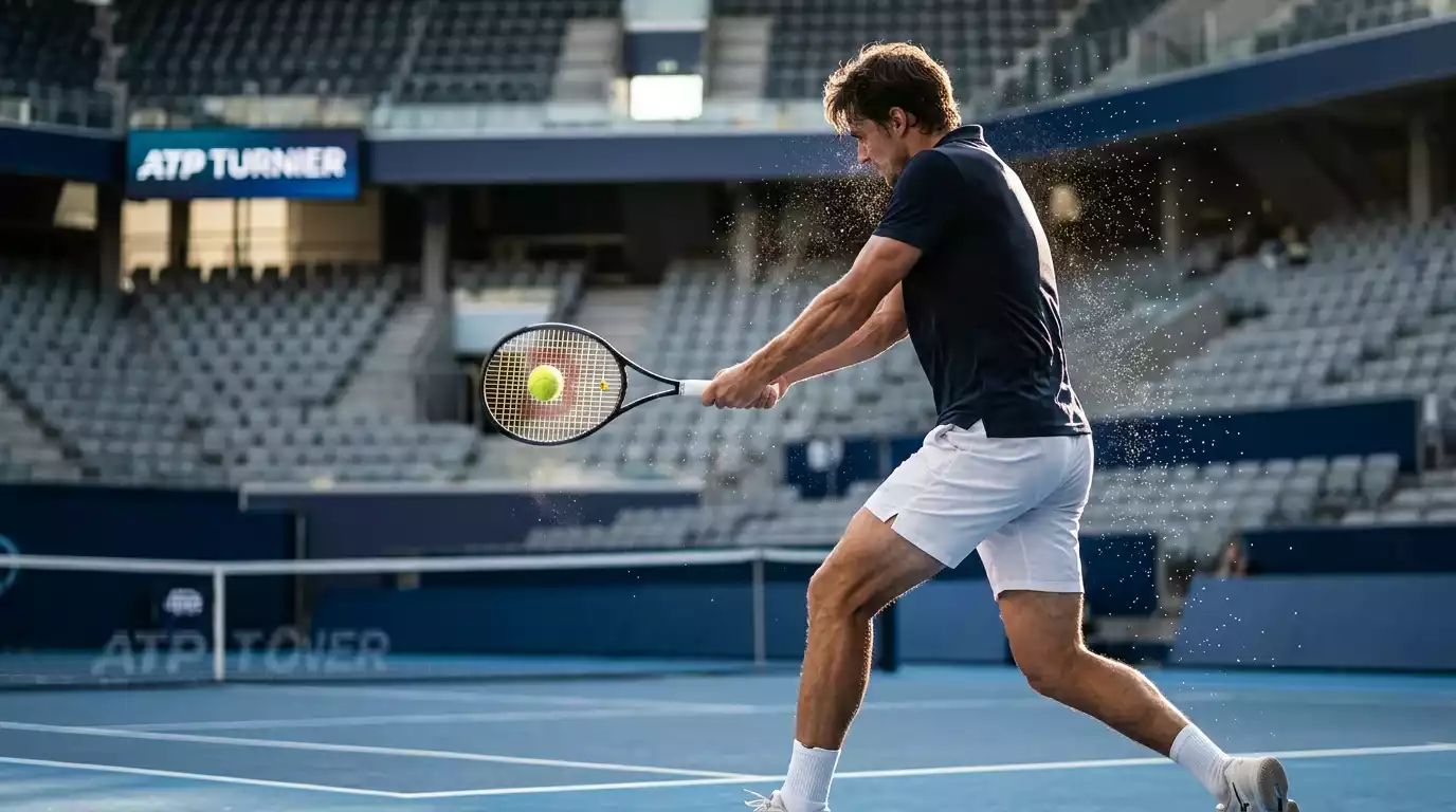 Tenista ATP ejecutando un golpe de derecha en pista dura durante partido oficial