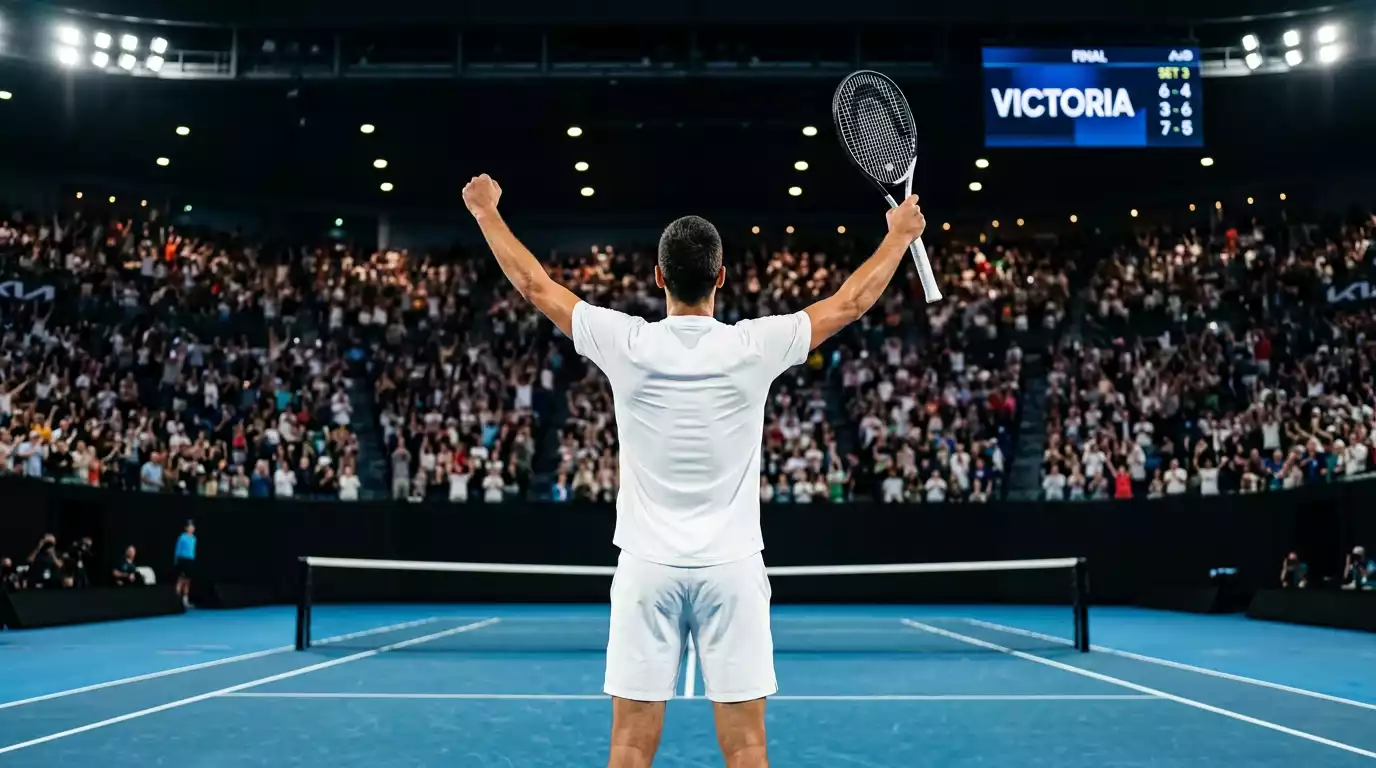 Tenista ATP de élite levantando los brazos tras ganar un punto decisivo en pista central