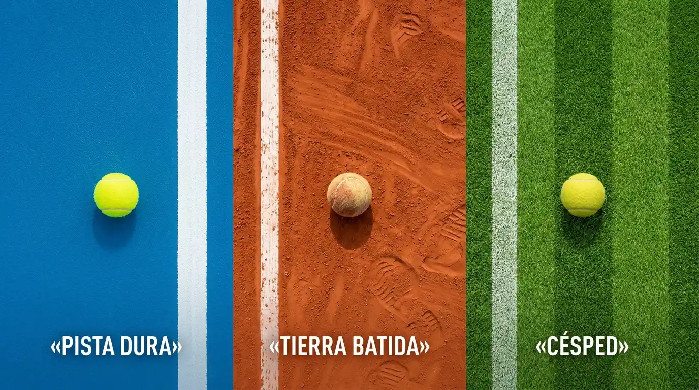 Comparación visual de superficies de tenis: pista dura, tierra batida y hierba